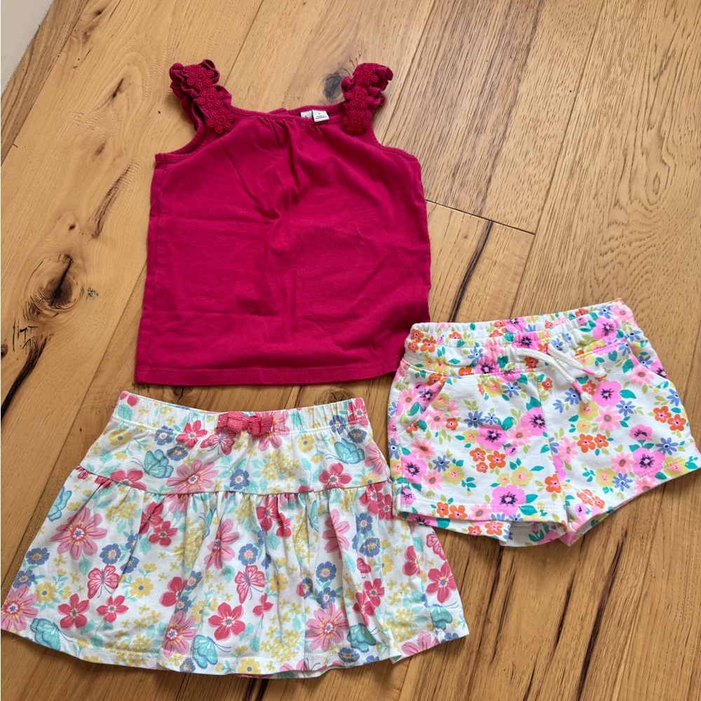 Girls 5T. Janie & Jack /Cat & Jack Pink Top with Floral Skirt and Shorts Set
